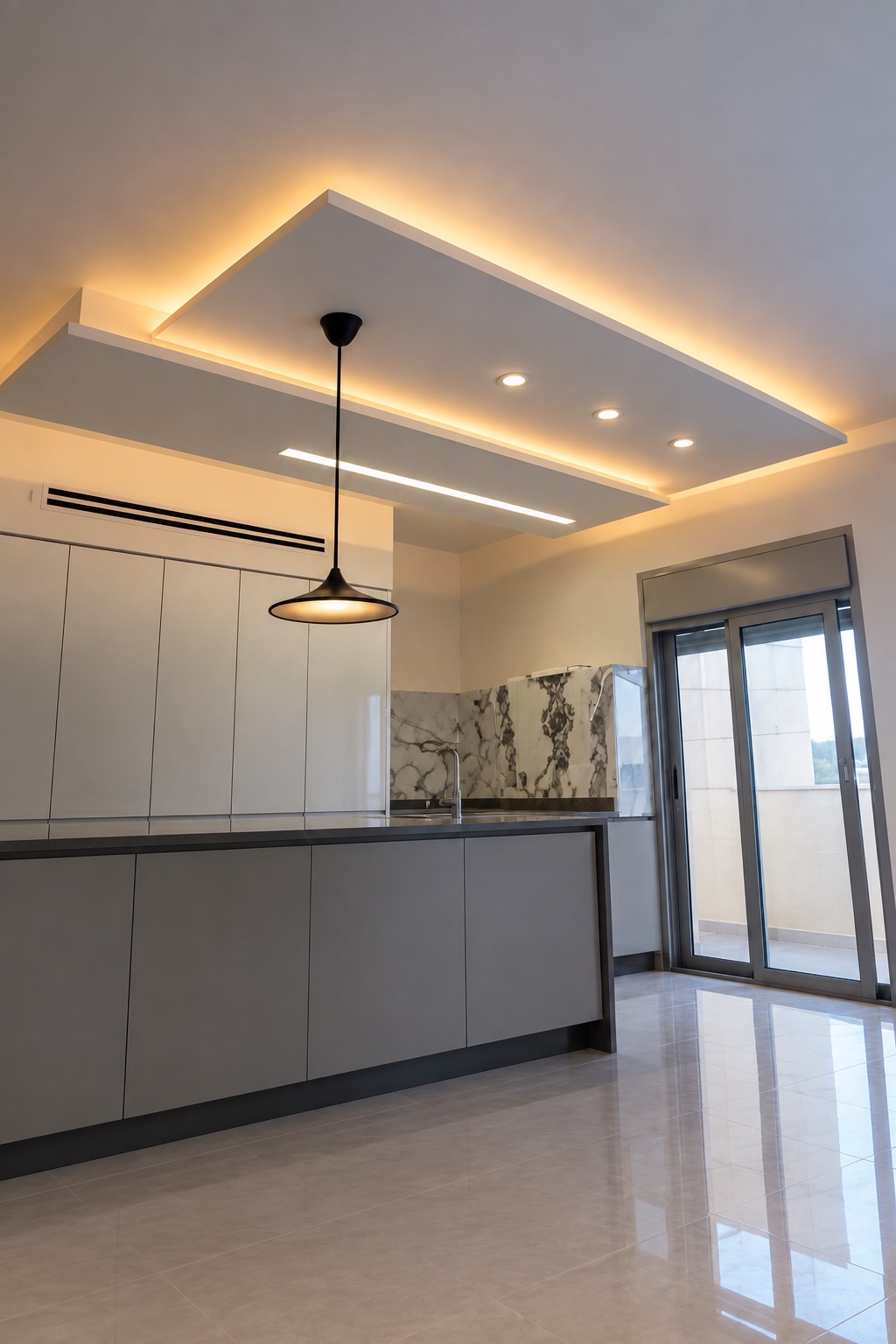 A kitchen ceiling raft with cove lighting, a recessed linear light and a pendant over the island