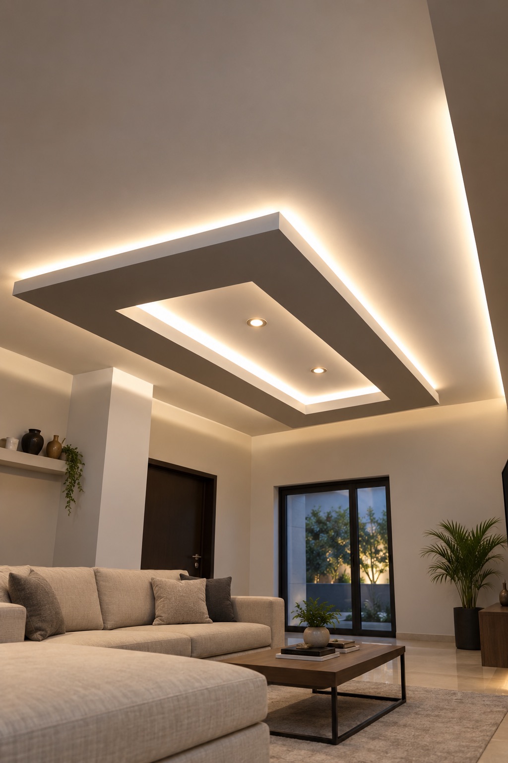A living room with a floating ceiling raft lit by a warm LED cove