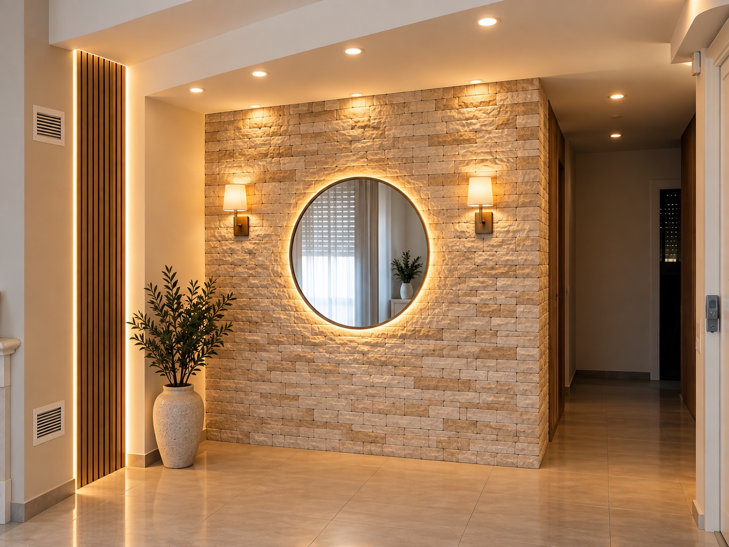 An entrance hall with a split-face stone wall, a backlit round mirror, two sconces and a lit slat column