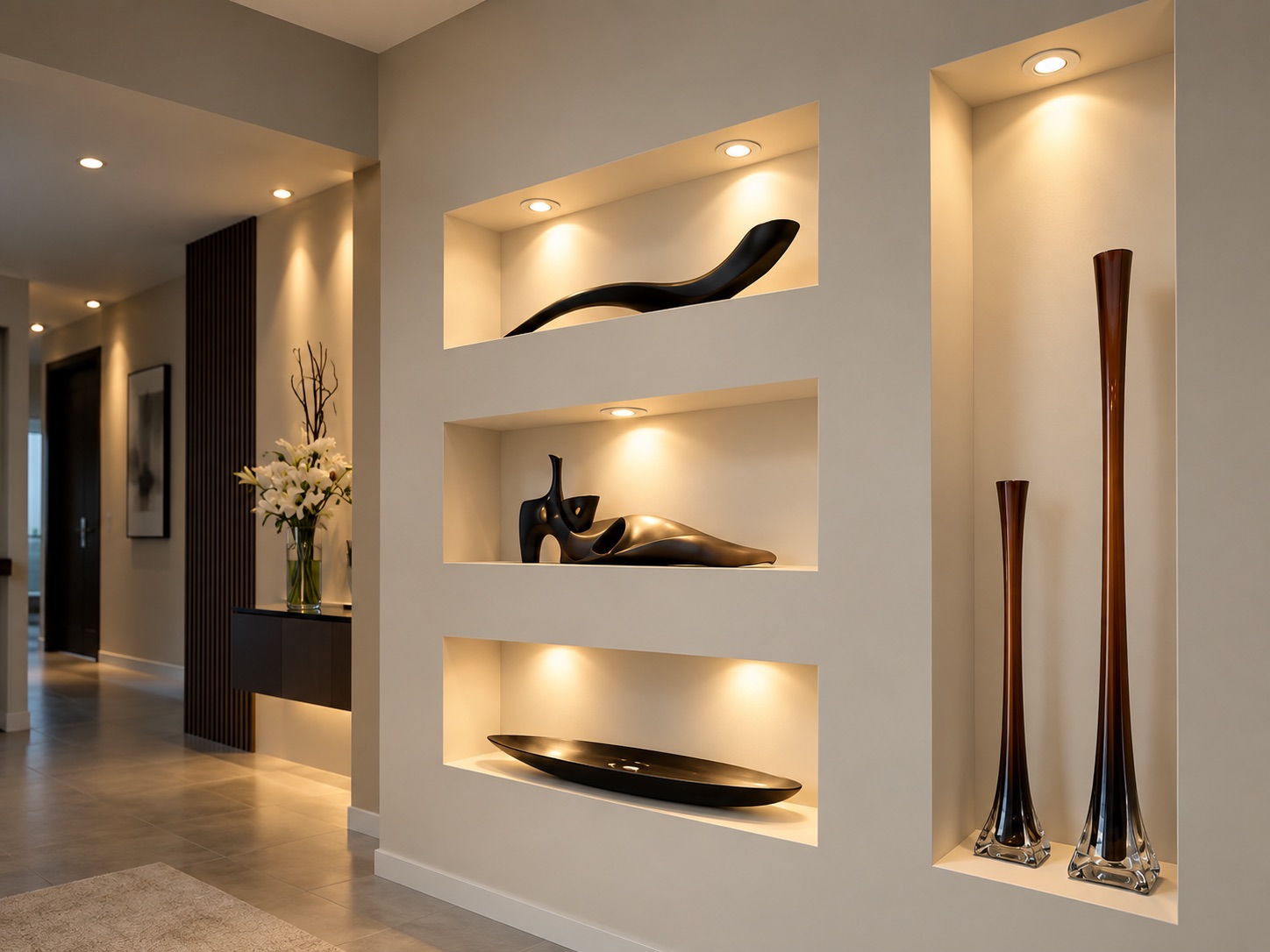Three downlit plaster display niches beside a hallway