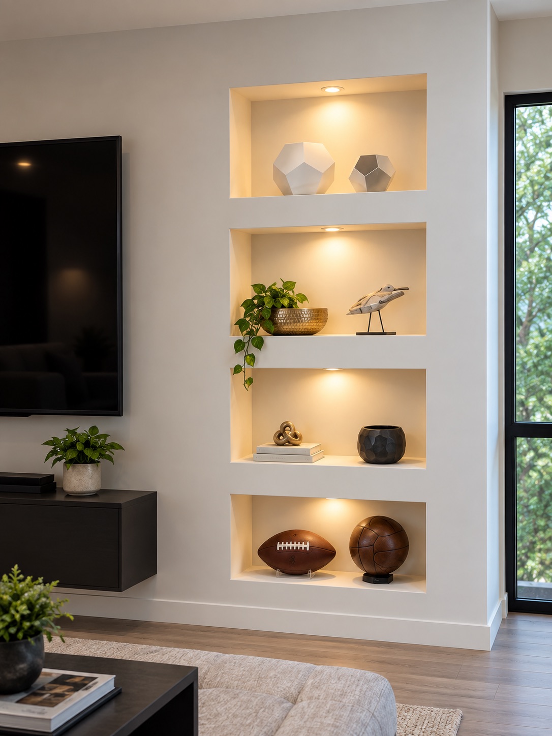 A column of four downlit display niches beside a television