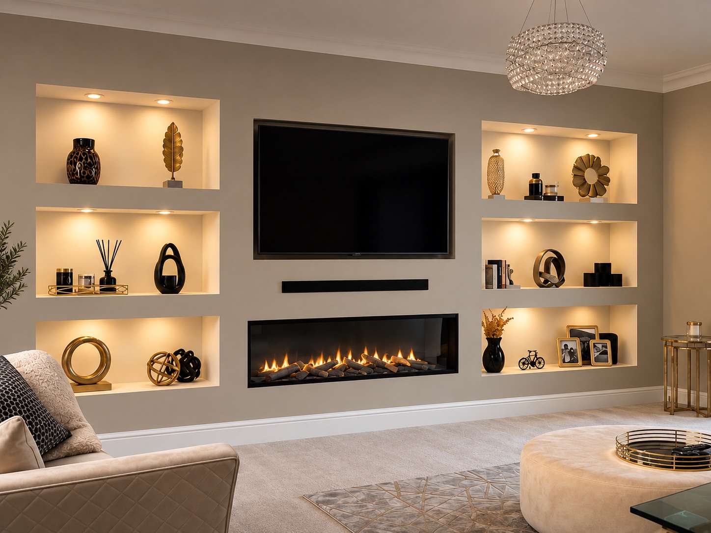 A taupe media wall with six downlit niches, a television, a soundbar and a linear fire