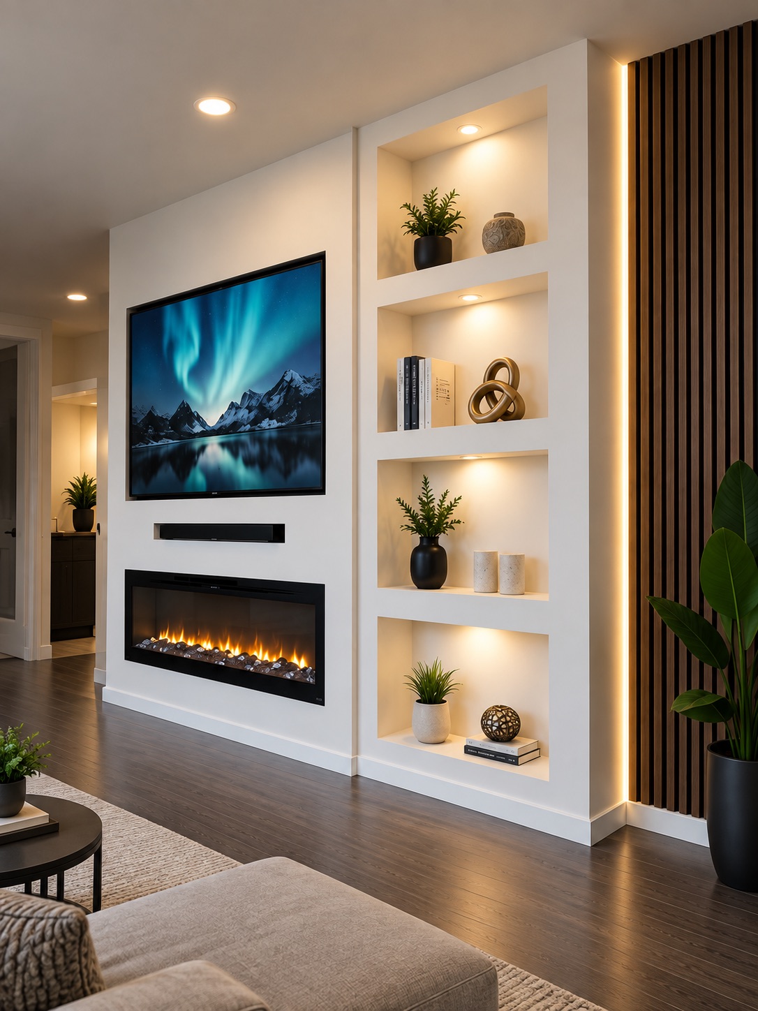 A white media wall with a recessed television, linear fire, downlit niches and a walnut slat return
