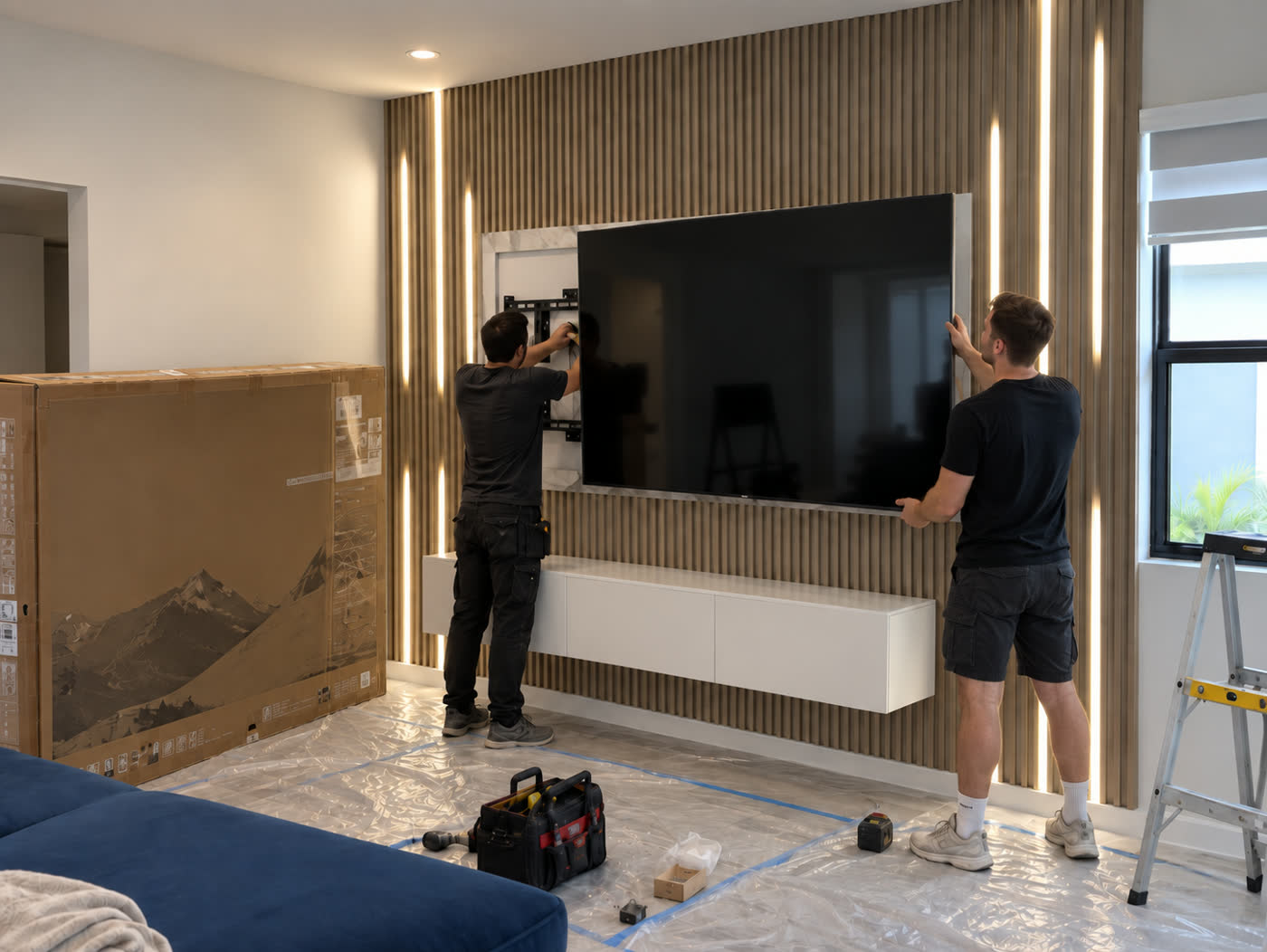 Two fitters lifting a television onto a recessed mount in a slat wall with lit reveals