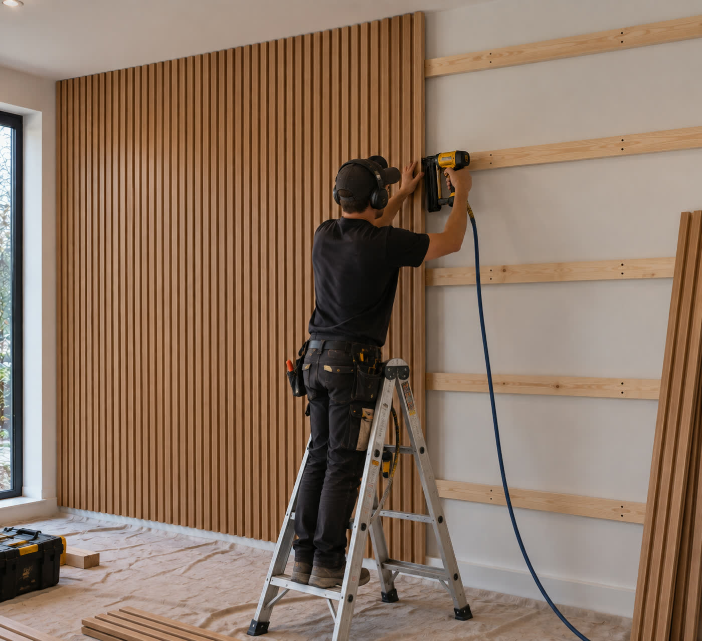 Slat panels being cut and fixed to battens