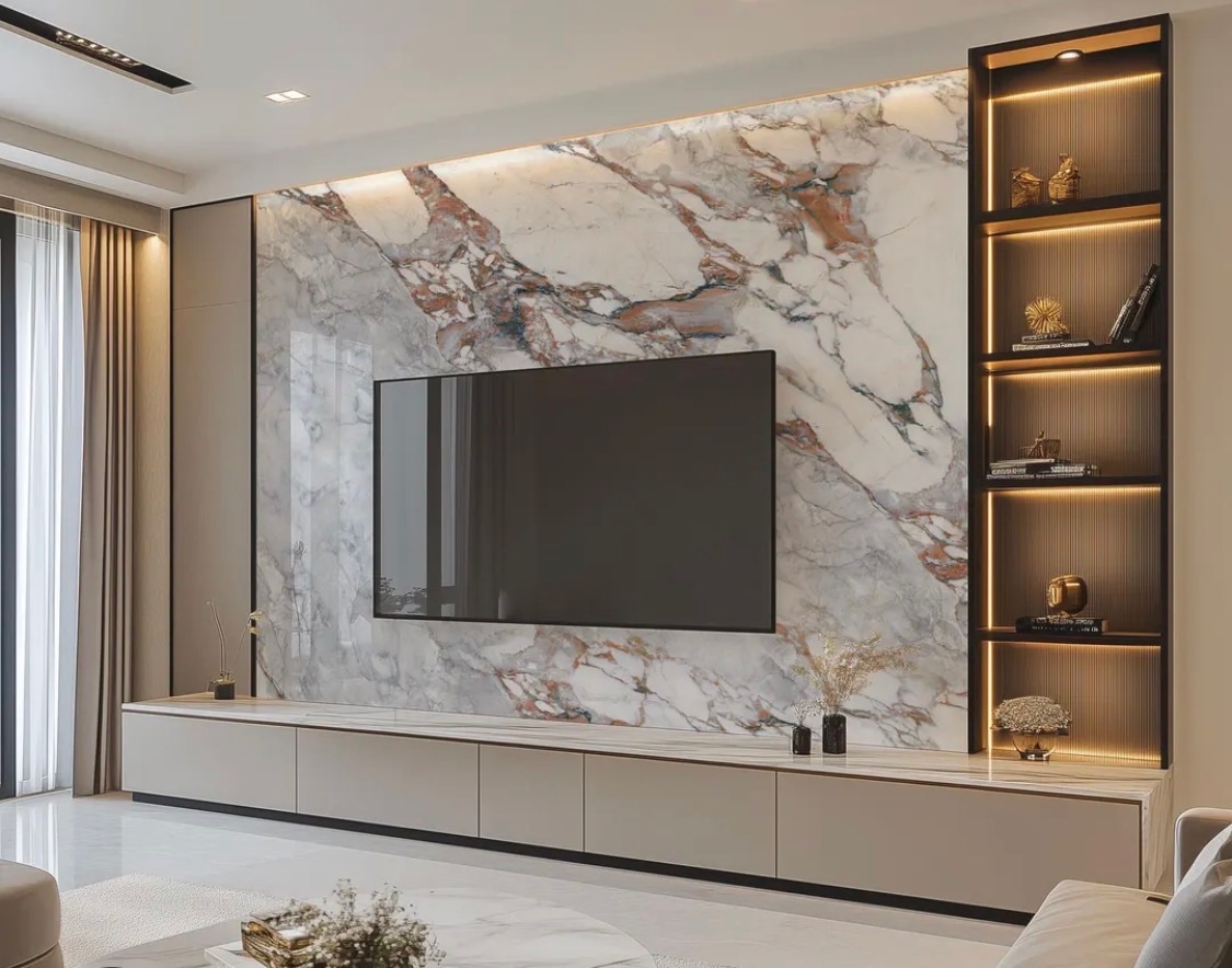 A bookmatched marble feature wall with a television, a long floating console and a lit shelving column