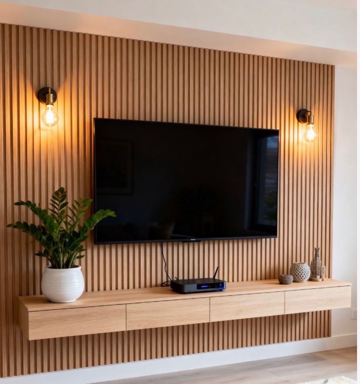 Natural oak slat TV wall with two brass wall sconces and a floating oak console