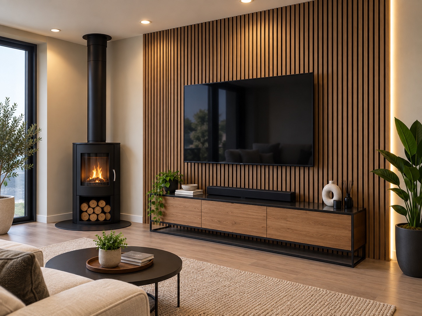 An oak slat TV wall with a floating console, a lit edge and a wood-burning stove beside it